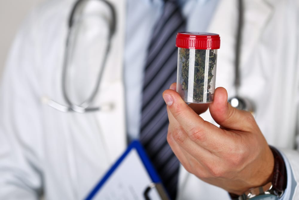 Male medicine doctor hand holding in hand and offering to patient medical marijuana in jar. Cannabis recipe for personal use, legal light drugs, alternative remedy, folk medicine concept
